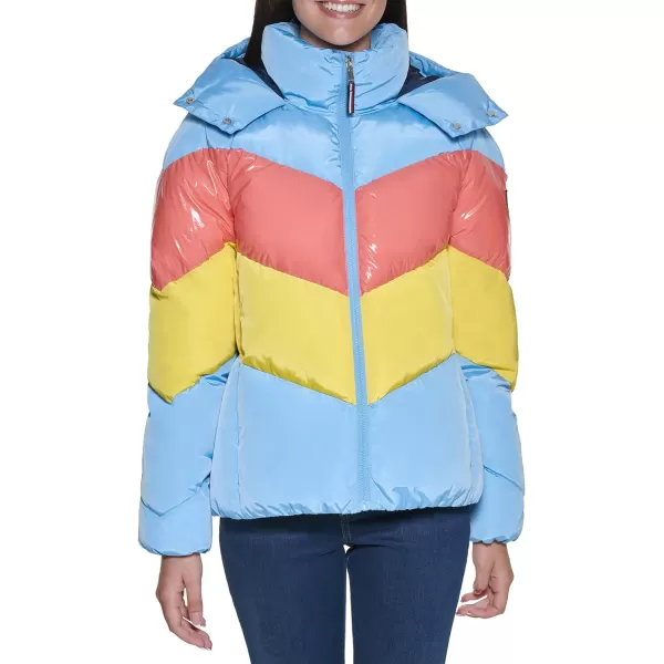 Tommy Hilfiger Womens Multi Color Chevron Striped Hooded Short Puffer JacketPlacid Blue