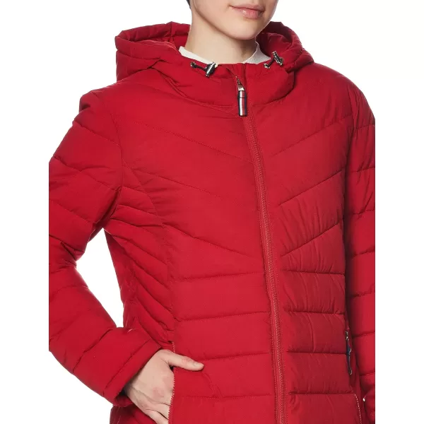 Tommy Hilfiger Womens Puffer Lightweight Hooded Jacket with Drawstring Packing BagCrimson