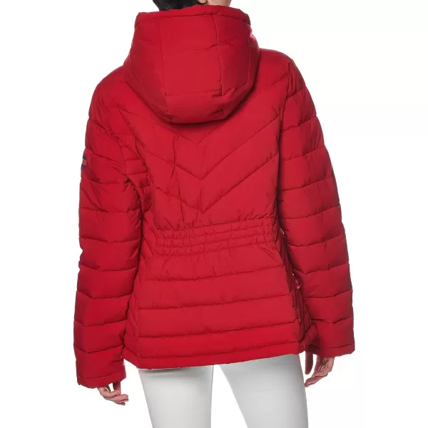 Tommy Hilfiger Womens Puffer Lightweight Hooded Jacket with Drawstring Packing BagCrimson