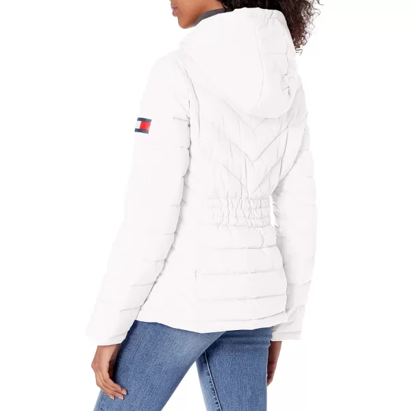 Tommy Hilfiger Womens Puffer Lightweight Hooded Jacket with Drawstring Packing BagWhite