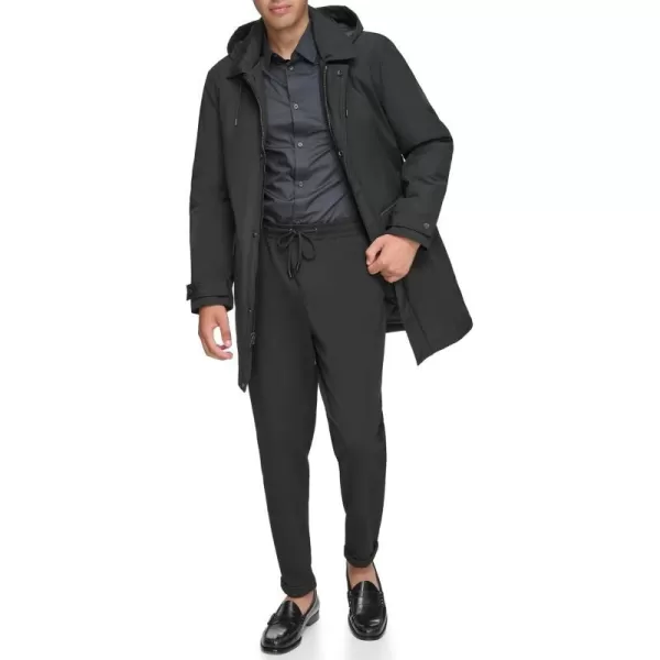 Andrew Marc Mens Mac Style Jacket with a Removable Hood and Back Vent Adjustable Cuff Tab with Snap ClosureBlack