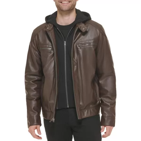 Calvin Klein Mens Faux Lamb Leather Moto Jacket with Removable Hood and BibBrown