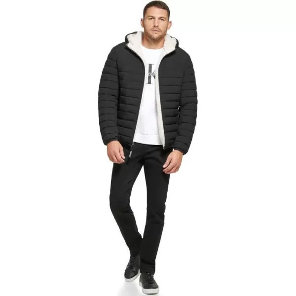 Calvin Klein Mens Hooded Down Jacket Quilted Coat Sherpa LinedEbony