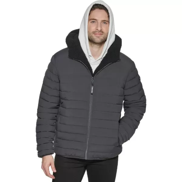 Calvin Klein Mens Hooded Down Jacket Quilted Coat Sherpa LinedIron