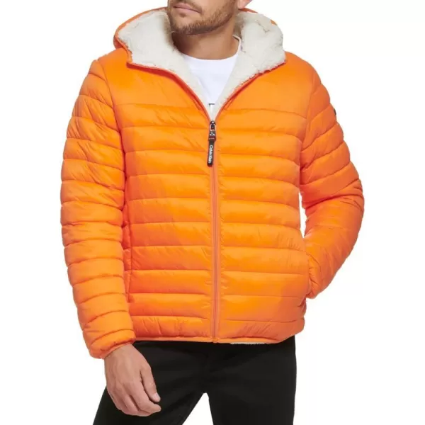 Calvin Klein Mens Hooded Down Jacket Quilted Coat Sherpa LinedOrange