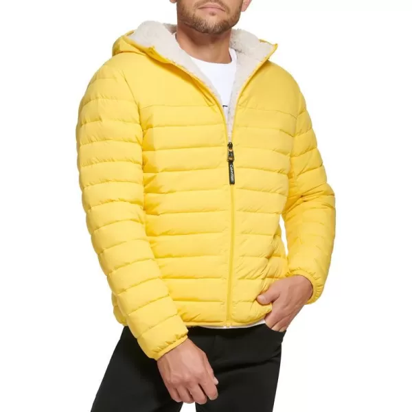 Calvin Klein Mens Hooded Down Jacket Quilted Coat Sherpa LinedYellow