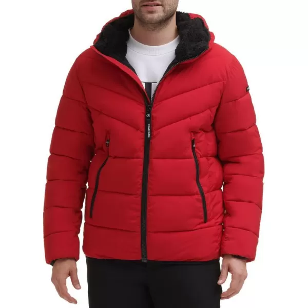 Calvin Klein Mens Winter CoatPuffer Stretch Jacket with Sherpa HoodDeep Red