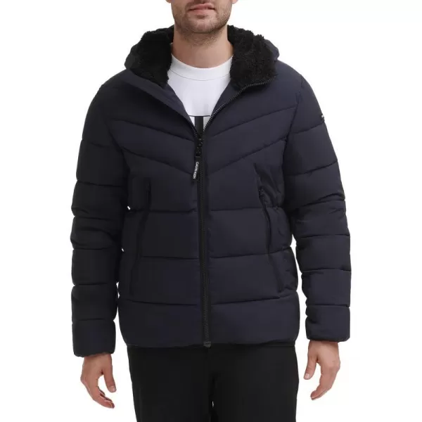 Calvin Klein Mens Winter CoatPuffer Stretch Jacket with Sherpa HoodTrue Navy