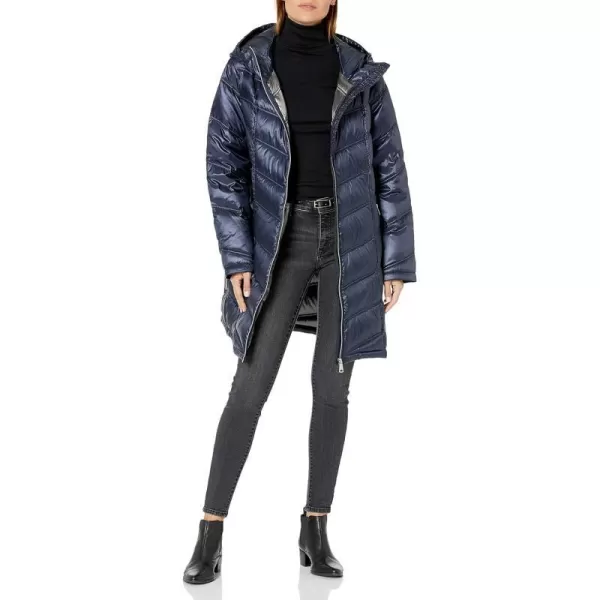 Calvin Klein Womens Hooded Chevron Packable Down Jacket Standard and PlusShine Dark Indigo