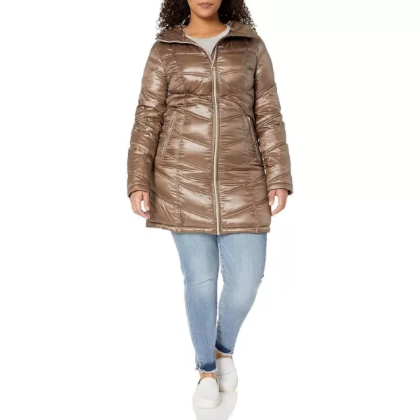 Calvin Klein Womens Hooded Chevron Packable Down Jacket Standard and PlusShine Taupe