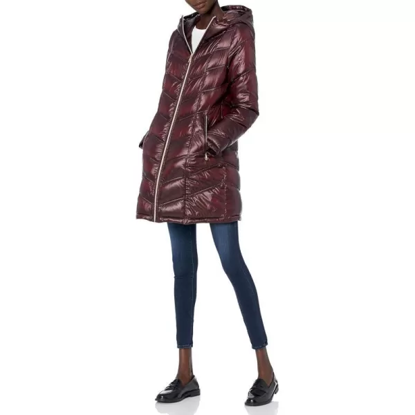 Calvin Klein Womens Hooded Chevron Packable Down Jacket Standard and PlusShine Wine