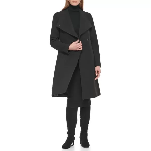 Calvin Klein Womens Ring Snap Detail Asymmetrical Closure Stand Collar Welt Pockets CoatBlack