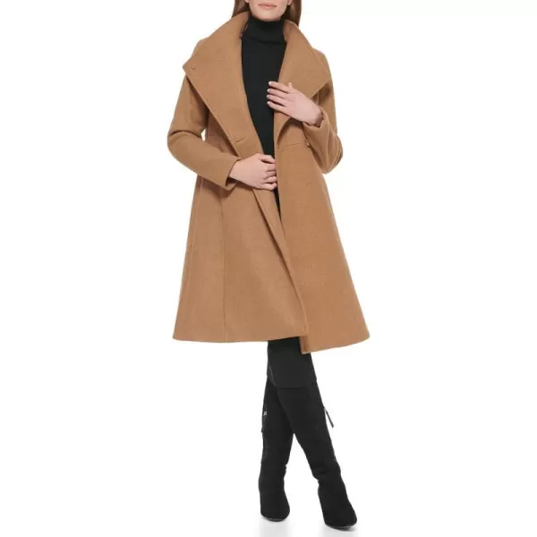 Calvin Klein Womens Ring Snap Detail Asymmetrical Closure Stand Collar Welt Pockets CoatDark Camel Melange