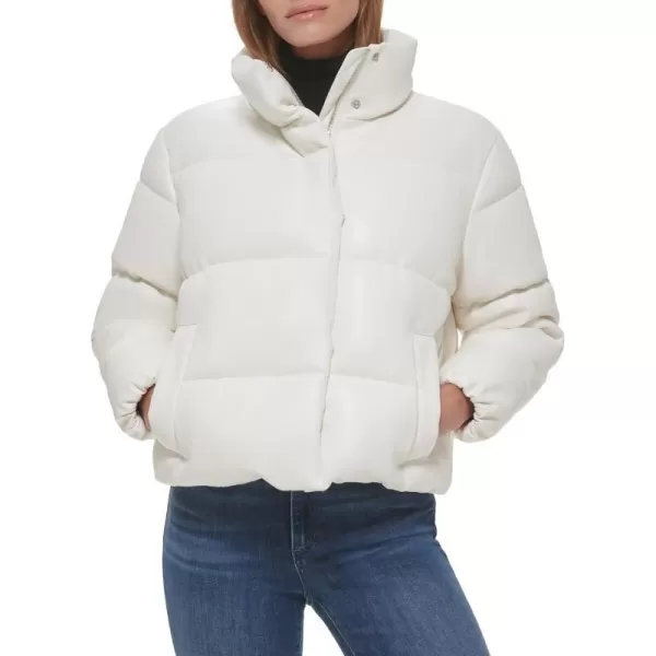 Calvin Klein Womens Short FauxLeather Puffer JacketTofu