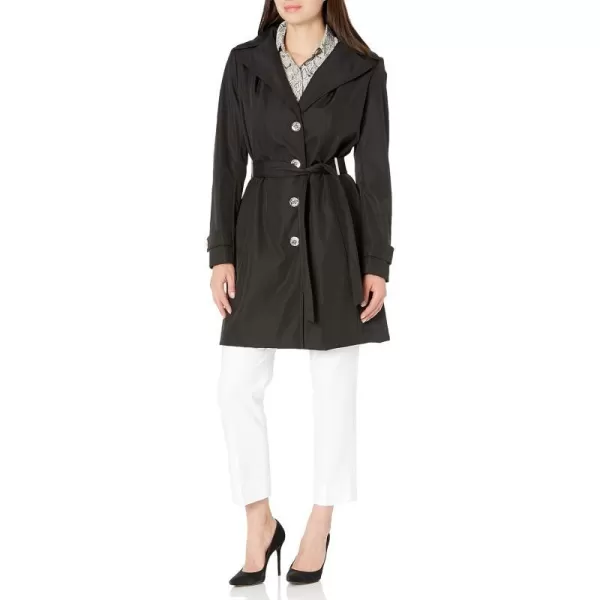 Calvin Klein Womens Single Breasted Belted Rain Jacket with Removable HoodBlack