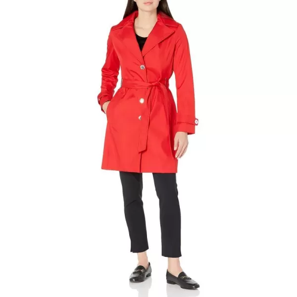 Calvin Klein Womens Single Breasted Belted Rain Jacket with Removable HoodCherry