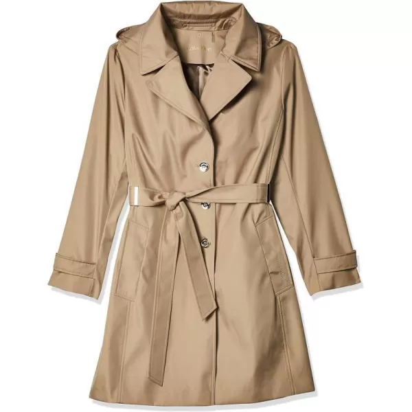 Calvin Klein Womens Single Breasted Belted Rain Jacket with Removable HoodKhaki