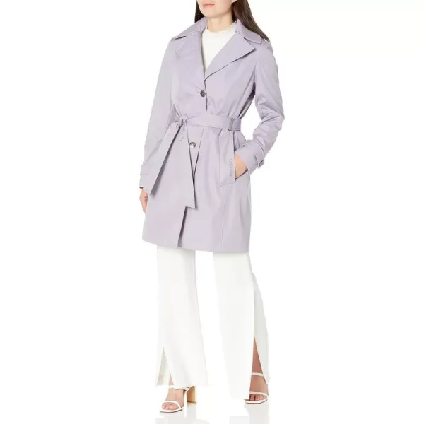 Calvin Klein Womens Single Breasted Belted Rain Jacket with Removable HoodLavender Grey