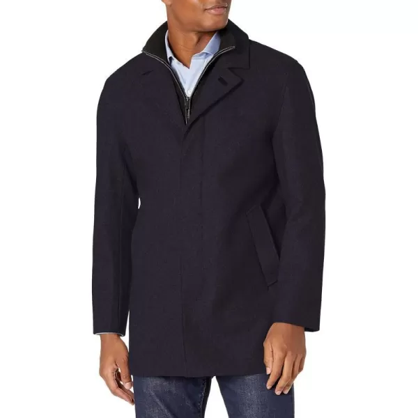 Cole Haan Mens Classic Melton Top Coat with Faux Leather DetailsNavy