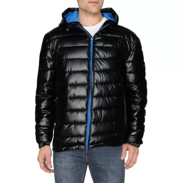 Cole Haan Mens Leather Faux Down Hooded Jacket with Contrast LiningBlackBlue