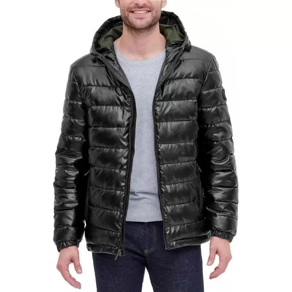 Cole Haan Mens Leather Faux Down Hooded Jacket with Contrast LiningBlackOlive Camo