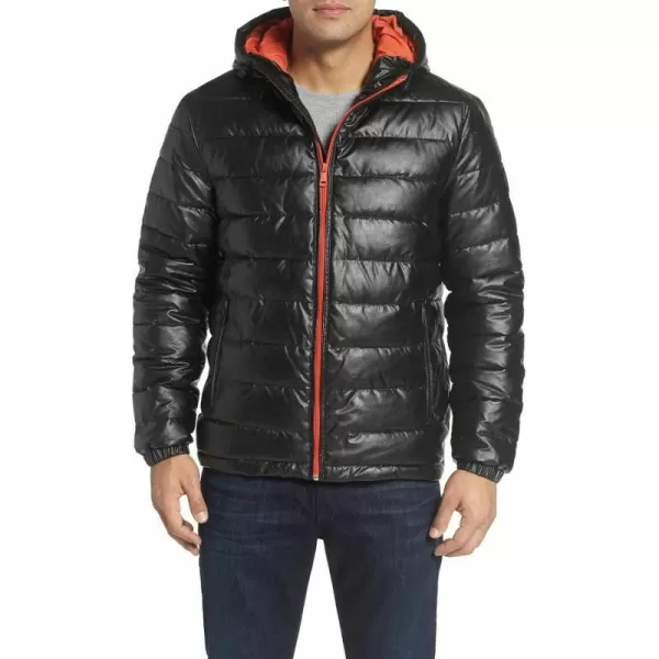 Cole Haan Mens Leather Faux Down Hooded Jacket with Contrast LiningBlackOrange