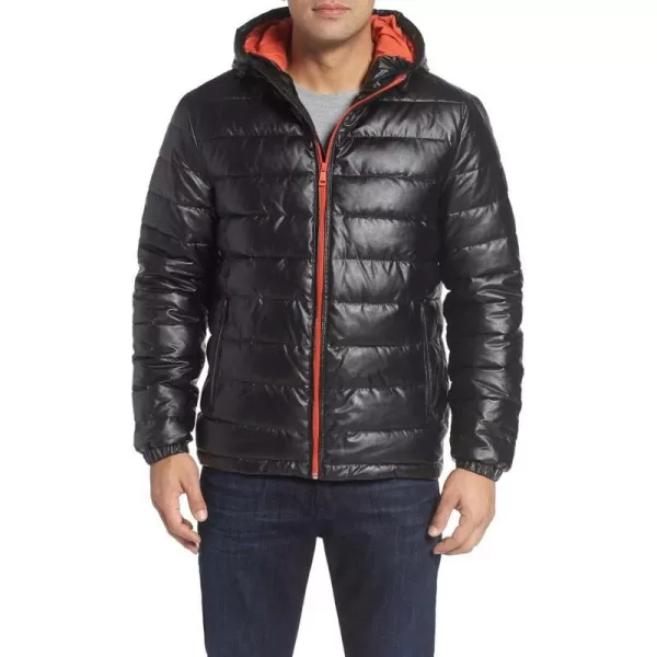 Cole Haan Mens Leather Faux Down Hooded Jacket with Contrast LiningBlackRed