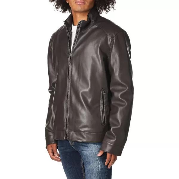 Cole Haan Signature Mens Zip Front Faux Leather Moto JacketDark Brown