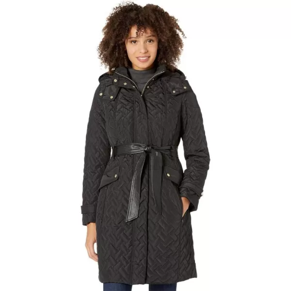 Cole Haan Womens Faux Leather Belted Quilted Signature CoatBlack