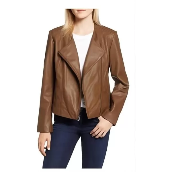 Cole Haan Womens Fully Lined Wing Collar Leather CoatChestnut