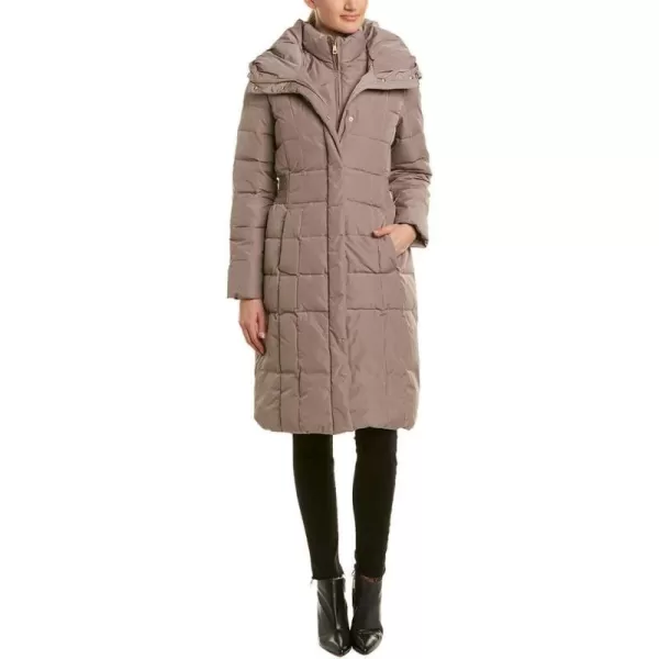 Cole Haan Womens Knee Length Hooded Quilted Down CoatCashew Grey