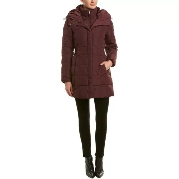 Cole Haan Womens Mid Length Hooded Quilted Down CoatMerlot