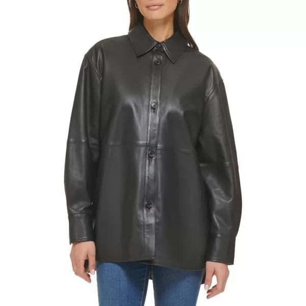 Cole Haan Womens Shirt Collar Button Up Leather CoatBlack