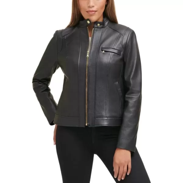 Cole Haan Womens Zip Front Fully Lined Leather CoatBlack