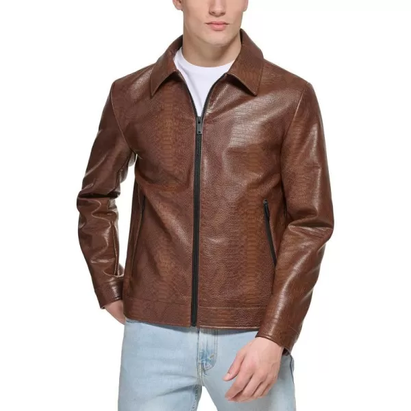 DKNY Mens Faux Leather Classic Laydown Collar Bomber JacketBrown Snake Embossed