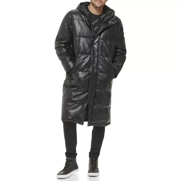 DKNY Mens Faux Leather Long Quilted Fashion CoatBlack