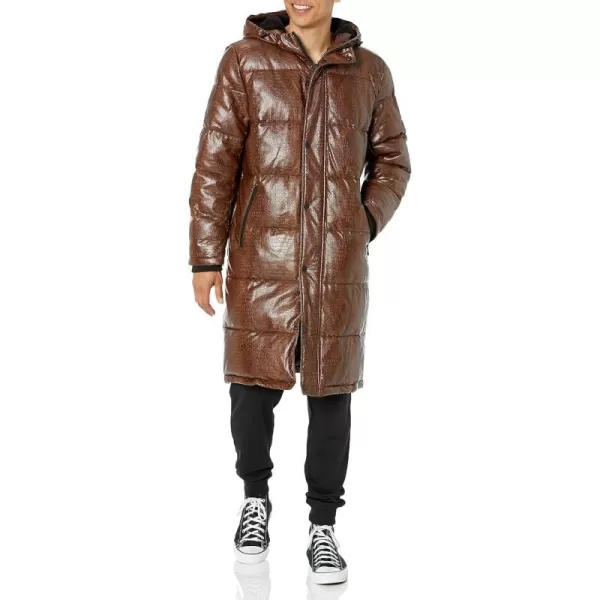 DKNY Mens Faux Leather Long Quilted Fashion CoatBrown