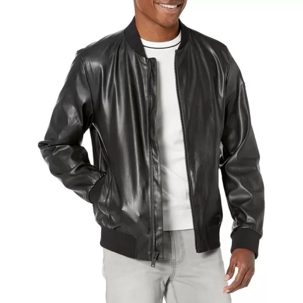 DKNY Mens Faux Leather Varsity Bomber JacketBlack Smooth Lamb