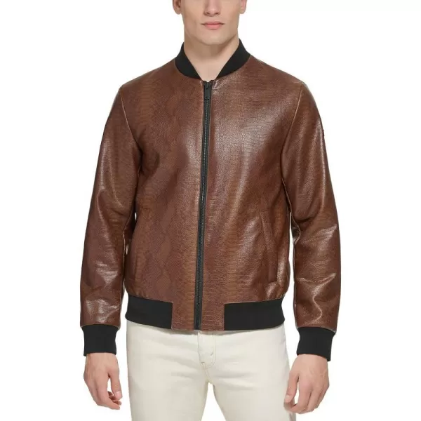 DKNY Mens Faux Leather Varsity Bomber JacketBrown Snake Embossed