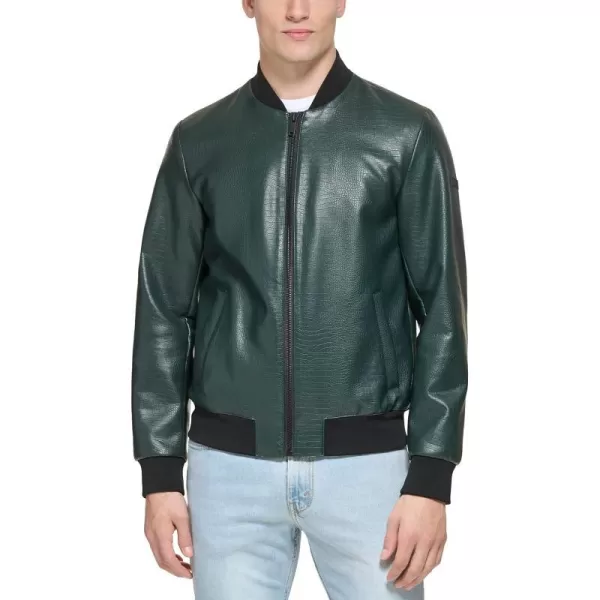 DKNY Mens Faux Leather Varsity Bomber JacketOlive Croc Embossed