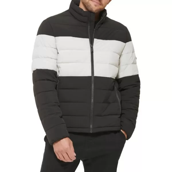 DKNY Mens Jon Quilted Stand Collar Puffer JacketBlackWhite Colorblock