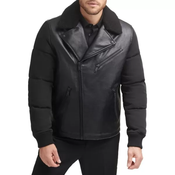 DKNY Mens Mixed Media Faux Leather with Puffer SleevesBlack