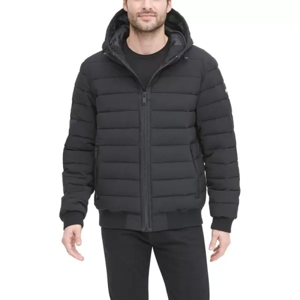 DKNY Mens Quilted Performance Hooded Bomber JacketBlack Matte Stretch