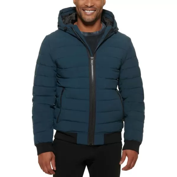 DKNY Mens Quilted Performance Hooded Bomber JacketBlue Steel Matte Stretch