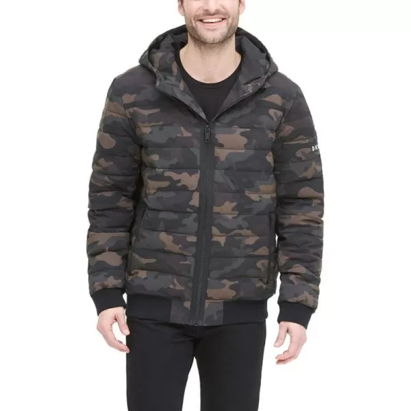 DKNY Mens Quilted Performance Hooded Bomber JacketCamouflage Matte Stretch