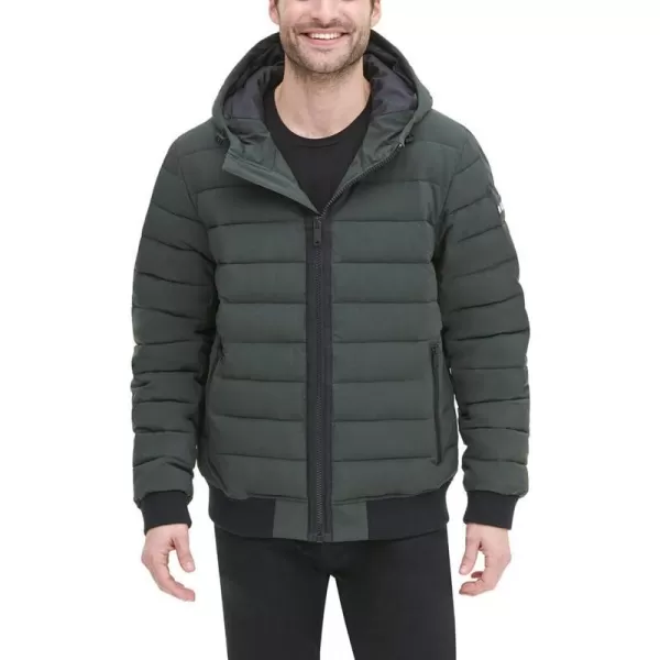 DKNY Mens Quilted Performance Hooded Bomber JacketDark Olive Matte Stretch