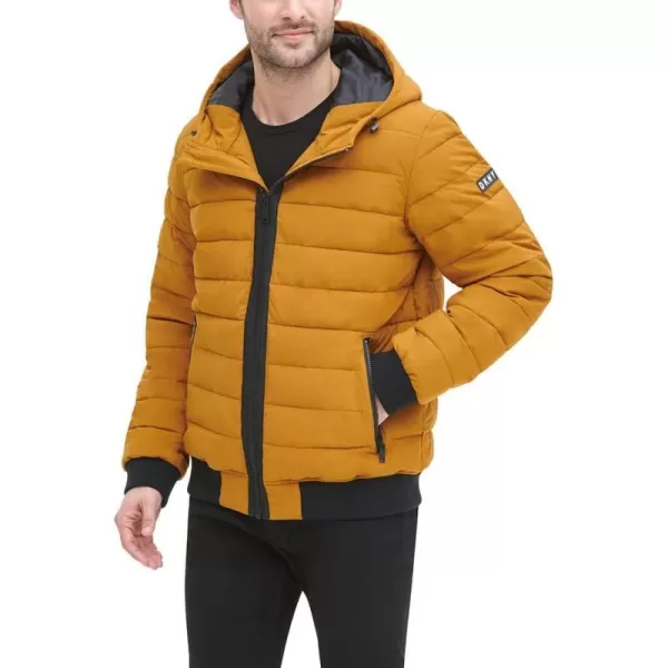 DKNY Mens Quilted Performance Hooded Bomber JacketGold Matte Stretch