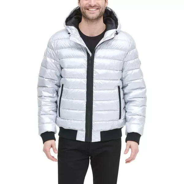 DKNY Mens Quilted Performance Hooded Bomber JacketGrey Pearlized