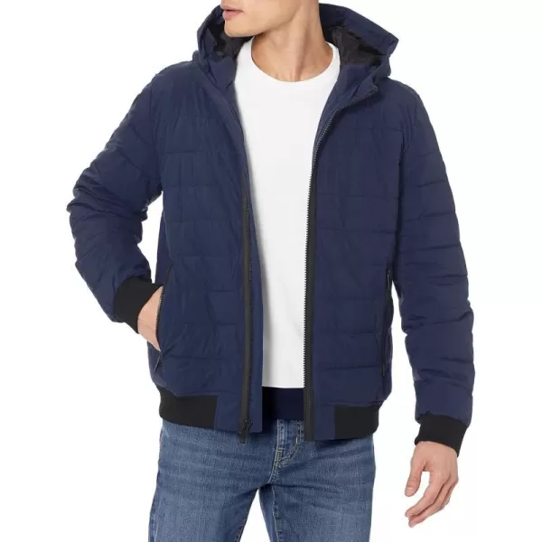 DKNY Mens Quilted Performance Hooded Bomber JacketNavy Matte Stretch