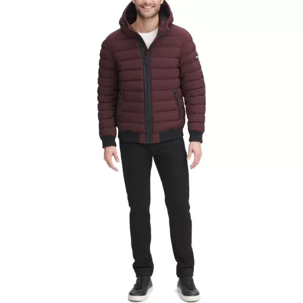 DKNY Mens Quilted Performance Hooded Bomber JacketOxblood Matte Stretch